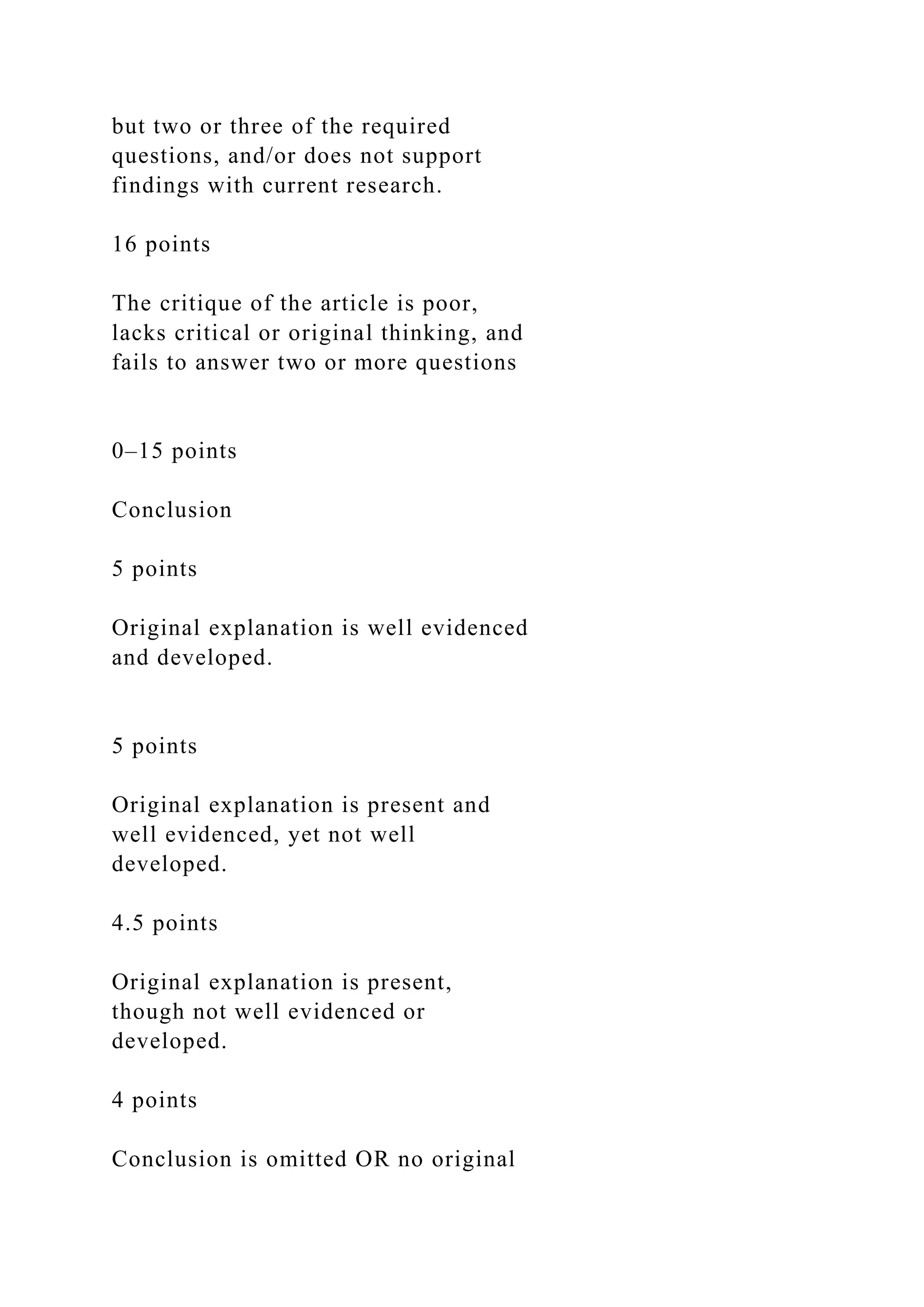 but two or three of the required
questions, and/or does not support
findings with current research.
16 points
The critique of the article is poor,
lacks critical or original thinking, and
fails to answer two or more questions
0–15 points
Conclusion
5 points
Original explanation is well evidenced
and developed.
5 points
Original explanation is present and
well evidenced, yet not well
developed.
4.5 points
Original explanation is present,
though not well evidenced or
developed.
4 points
Conclusion is omitted OR no original
 
