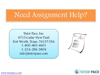 Need Assignment Help? 
Tutor Pace, Inc. 
6713 Cedar View Trail 
Fort Worth, Texas, 76137 USA 
1-800-665-6601 
1-214-256-5804 
info@tutorpace.com 
www.tutorpace.com 
 