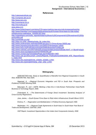 Era Business School, New Delhi 15
Assignment : International Economics

References
http://uskoreainstitute.org
http://congress.aks.ac.kr
http://www.ipcs.org
http://commerce.nic.in
http://ind.mofa.go.kr
www.akes.or.k
http://www.biztechreport.com/story/219-cepa-marking-new-era-indo-koreanpartnership
http://www.thaindian.com/newsportal/business/south-korean-firms-keen-to-ride-indiasinfrastructure-rowthwave_100309 507.html
http://ivgpartners.com/india_reports/Indian%20Auto%20Components%20Investment%20Op
portunities.pdf
http://comtrade.un.org/
http://dipp.nic.in/fdi_statistics/india_fdi_index.htm
http://www.andhranews.net/India/2008/January/17-China-Korea-30055.asp
http://www.expresscomputeronline.com/20021216/newsan1.shtml
http://www.keia.org/Publications/Insight/2006/december%2006.pdf
http://www.nytimes.com/2007/04/03/business/worldbusiness/03trade.html?_r=1&oref=slogin
http://www.oecd.org/dataoecd/24/37/40400795.pdf
http://www.unctad.org/Templates/Page.asp?intItemID=1465
http://www.ustr.gov/Document_Library/Reports_Publications/2008/2008_NTE_Report/Sectio
n_Index.html
http://www.wto.org/english/res_e/statis_e/statis_e.htm
http://www.wto.org/english/tratop_e/tpr_e/tpr_e.htm

Bibliography
ADB/UNCTAD-India, Study on Quantification of Benefits from Regional Cooperation in South
Asia, ADB/UNCTAD, New Delhi.
Aggarwal, A., ―Regional Economic Integration and FDI in South Asia: Prospects and
Problems,‖ ICRIER Working 2008.
Baburajan, R., and ―CEPA: Marking a New Era in Indo-Korean Partnership,‖ Asia-Pacific
Business & Technology Report, 2009.
.
Chakrabarti, A., ―The Determinants of Foreign Direct Investment: Sensitivity Analyses of
Cross-Country Regressions.
Jose, James, ―South Korean Firms Keen to Ride India‘s Infrastructure Growth Wave,‖ 2010.
Krishna, P., ―Regionalism and Multilateralism: A Political Economy Approach,1998.
Mukherjee, I. N., ―Regional Trade Agreements in South Asia,‖ in South Asian Year Book of
Trade and Development, CENTAD, 2005.
VGP Report, Investment Opportunities in the Indian Auto Components Industry, 2008

Submitted by :- 0121pg014 Colonel Ajay K Raina, SM

25 December 2013

 