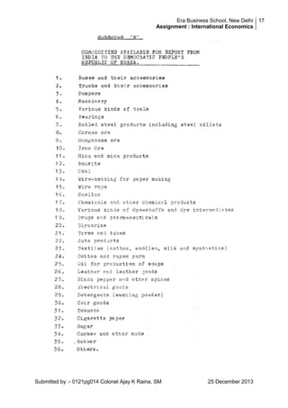 Era Business School, New Delhi 17
Assignment : International Economics

Submitted by :- 0121pg014 Colonel Ajay K Raina, SM

25 December 2013

 