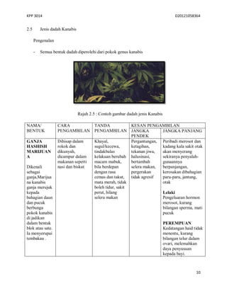 KPP 3014 D20121058364
10
2.5 Jenis dadah Kanabis
Pengenalan
- Semua bentuk dadah diperolehi dari pokok genus kanabis
Rajah 2.5 : Contoh gambar dadah jenis Kanabis
NAMA/
BENTUK
CARA
PENGAMBILAN
TANDA
PENGAMBILAN
KESAN PENGAMBILAN
JANGKA
PENDEK
JANGKA PANJANG
GANJA
HASHISH
MARIJUAN
A
Dikenali
sebagai
ganja,Marijua
na kanabis
ganja merujuk
kepada
bahagian daun
dan pucuk
berbunga
pokok kanabis
di jadikan
dalam bentuk
blok atau sate.
Ia menyerupai
tembakau .
Dihisap dalam
rokok dan
dikunyah,
dicampur dalam
makanan seperti
nasi dan biskut
Khayal,
sugul/kecewa,
tindakbalas
kelakuan berubah
macam mabuk,
bila berdepan
dengan rasa
cemas dan takut,
mata merah, tidak
boleh tidur, sakit
perut, hilang
selera makan
Pergantungan,
ketagihan,
tekanan jiwa,
halusinasi,
bertambah
selera makan,
pergerakan
tidak agresif
Peribadi merosot dan
kadang kala sakit otak
akan menyerang
sekiranya penyalah-
gunaannya
berpanjangan,
kerosakan dibahagian
paru-paru, jantung,
otak
Lelaki
Pengeluaran hormon
merosot, kurang
bilangan sperma, mati
pucuk
PEREMPUAN
Kedatangan haid tidak
menentu, kurang
bilangan telur dalam
ovari, melemahkan
daya penyusuan
kepada bayi.
 