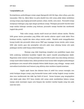 KPP 3014 D20121058364
28
7.0 KESIMPULAN
Kesimpulannya, perkembangan remaja sangat dipengaruhi oleh ibu bapa, rakan sebaya, guru dan
masyarakat. Oleh itu, faktor-faktor itu perlu diambil kira oleh semua pihak dalam melahirkan
seorang remaja yang lengkap personaliti jasmani, rohani, intelek, serta emosi. Personaliti remaja
mempunyai hubungan yang rapat dengan perlakuan remaja. Walaupun personaliti bersifat kekal
tetapi melalui beberapa sentuhan yang berkesan, personaliti mampu berubah dan membentuk
tingkah laku positif.
Pada waktu remaja, mereka masih tercari-cari identiti sebenar mereka. Mereka
lebih gemar meniru perwatakan yang dilihat oleh mereka seharian seperti watak dalam filem
kesukaan mereka, majalah dan rakan sebaya mereka sendiri. Masalah untuk mengaplikasikan
konsep kendiri dan personaliti dalam proses P&P juga terganggu kerana mereka yakin remaja
lebih suka meniru gaya dan penampilan artis-artis pada masa sekarang kerana artis pada
pandangan mereka sudah berjaya dalam kehidupan.
Reamaja yang tidak berpeluang mengikuti arus pendidikan negara akan
lebih cenderung melakukan kesalahan tingkah laku seperti masalah penyalahgunaan dadah.
Bagaimana untuk mencari seorang pemimpin yang berwibawa pada masa akan datang sekiranya
remaja masih dalam keadaan lama, dalam pemikiran kuno kerana tidak mengikuti perkembangan
pembelajaran serta musnah akibat daripada bahana dadah durjana yang sehingga mampu untuk
merosakkan keseluruhan saraf manusia yang akhirnya akan membawa kepada kematiaan.
Segala aspek luaran dan dalaman harus di ambil kira semasa merangka cara
untuk berdepan dengan remaja yang bermasalah kerana andai tersilap langkah remaja tersebut
akan terus memberontak dan tidak lagi boleh di kawal. Seruan kerajaan yang menginginkan
sifar dadah pada tahun 2015 harus disahut oleh semua untuk membuktikan bahawa remaja
mampu untuk memimpin negara serta berguna dan memberi manfaat kepada orang lain pada
suatu hari nanti.
 