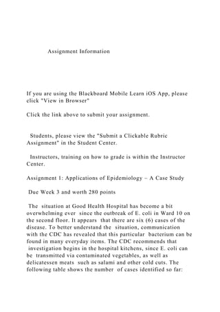 Assignment Information
If you are using the Blackboard Mobile Learn iOS App, please
click "View in Browser"
Click the link above to submit your assignment.
Students, please view the "Submit a Clickable Rubric
Assignment" in the Student Center.
Instructors, training on how to grade is within the Instructor
Center.
Assignment 1: Applications of Epidemiology – A Case Study
Due Week 3 and worth 280 points
The situation at Good Health Hospital has become a bit
overwhelming ever since the outbreak of E. coli in Ward 10 on
the second floor. It appears that there are six (6) cases of the
disease. To better understand the situation, communication
with the CDC has revealed that this particular bacterium can be
found in many everyday items. The CDC recommends that
investigation begins in the hospital kitchens, since E. coli can
be transmitted via contaminated vegetables, as well as
delicatessen meats such as salami and other cold cuts. The
following table shows the number of cases identified so far:
 