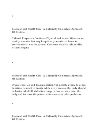 *
Transcultural Health Care: A Culturally Competent Approach,
4th Edition
Cultural Responses ContinuedPhysical and mental illnesses are
readily accepted but may keep family member at home to
protect others, not the patient. Can enter the sick role readily
without stigma.
*
Transcultural Health Care: A Culturally Competent Approach,
4th Edition
Organ Donation and TransplantationNot morally averse to organ
donation.Hesitant to donate while alive because the body should
be buried whole.If abdominal surgery, bad air may enter the
body and increase the potential for cancer or other problems.
*
Transcultural Health Care: A Culturally Competent Approach,
4th Edition
 