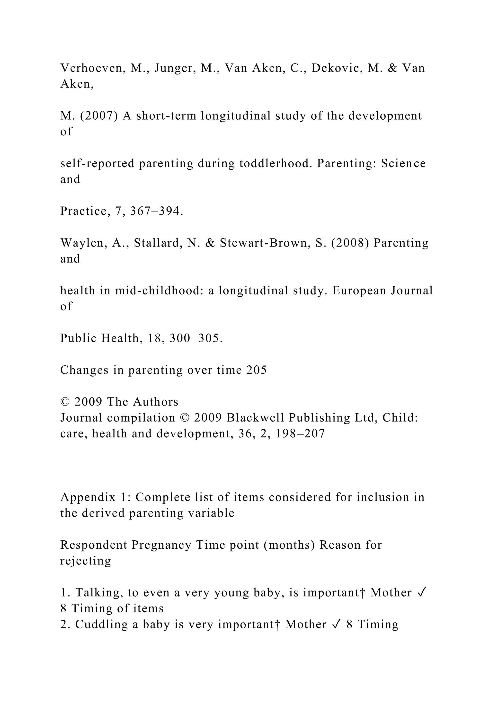 Verhoeven, M., Junger, M., Van Aken, C., Dekovic, M. & Van
Aken,
M. (2007) A short-term longitudinal study of the development
of
self-reported parenting during toddlerhood. Parenting: Science
and
Practice, 7, 367–394.
Waylen, A., Stallard, N. & Stewart-Brown, S. (2008) Parenting
and
health in mid-childhood: a longitudinal study. European Journal
of
Public Health, 18, 300–305.
Changes in parenting over time 205
© 2009 The Authors
Journal compilation © 2009 Blackwell Publishing Ltd, Child:
care, health and development, 36, 2, 198–207
Appendix 1: Complete list of items considered for inclusion in
the derived parenting variable
Respondent Pregnancy Time point (months) Reason for
rejecting
1. Talking, to even a very young baby, is important† Mother ✓
8 Timing of items
2. Cuddling a baby is very important† Mother ✓ 8 Timing
 
