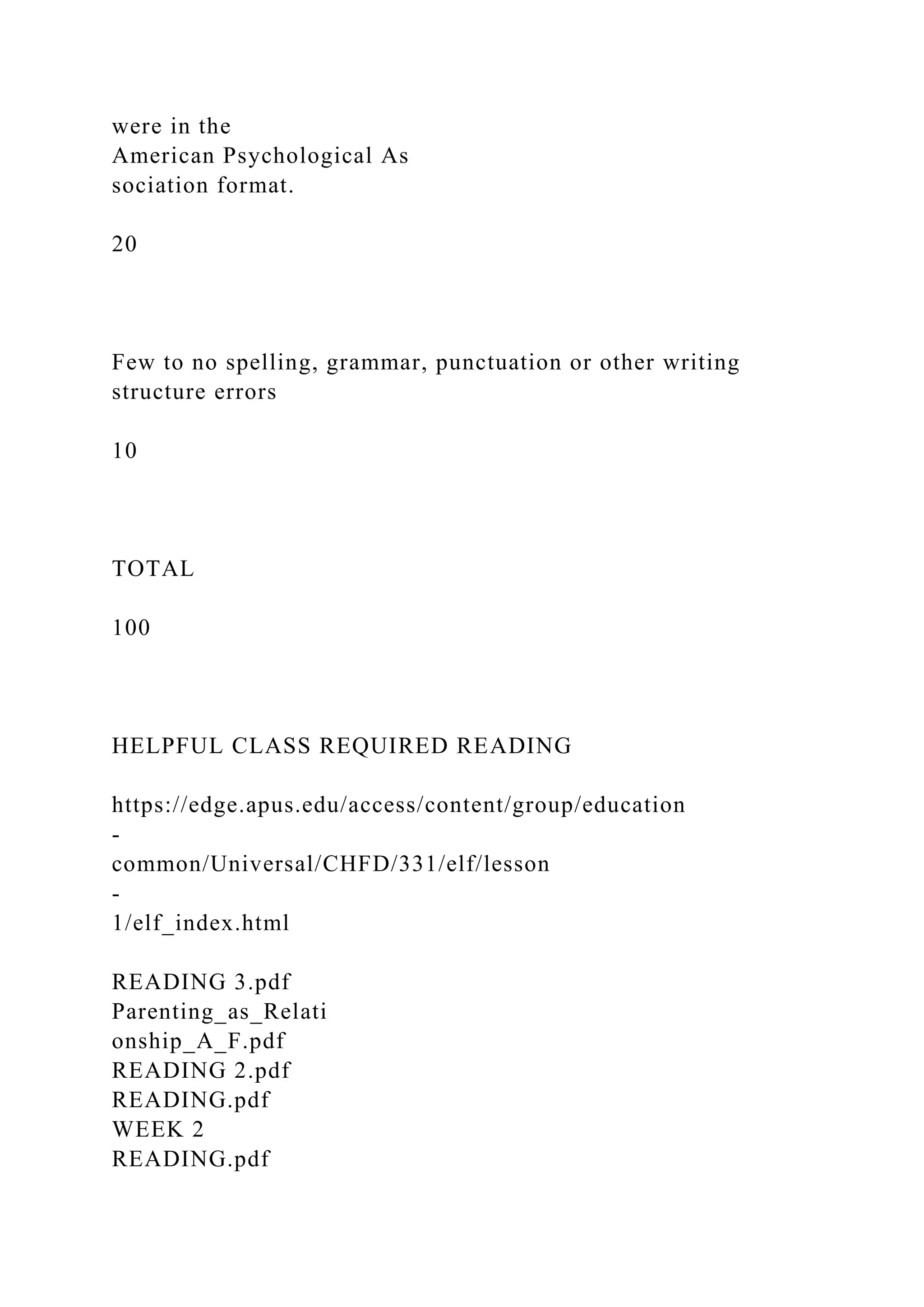 were in the
American Psychological As
sociation format.
20
Few to no spelling, grammar, punctuation or other writing
structure errors
10
TOTAL
100
HELPFUL CLASS REQUIRED READING
https://edge.apus.edu/access/content/group/education
-
common/Universal/CHFD/331/elf/lesson
-
1/elf_index.html
READING 3.pdf
Parenting_as_Relati
onship_A_F.pdf
READING 2.pdf
READING.pdf
WEEK 2
READING.pdf
 