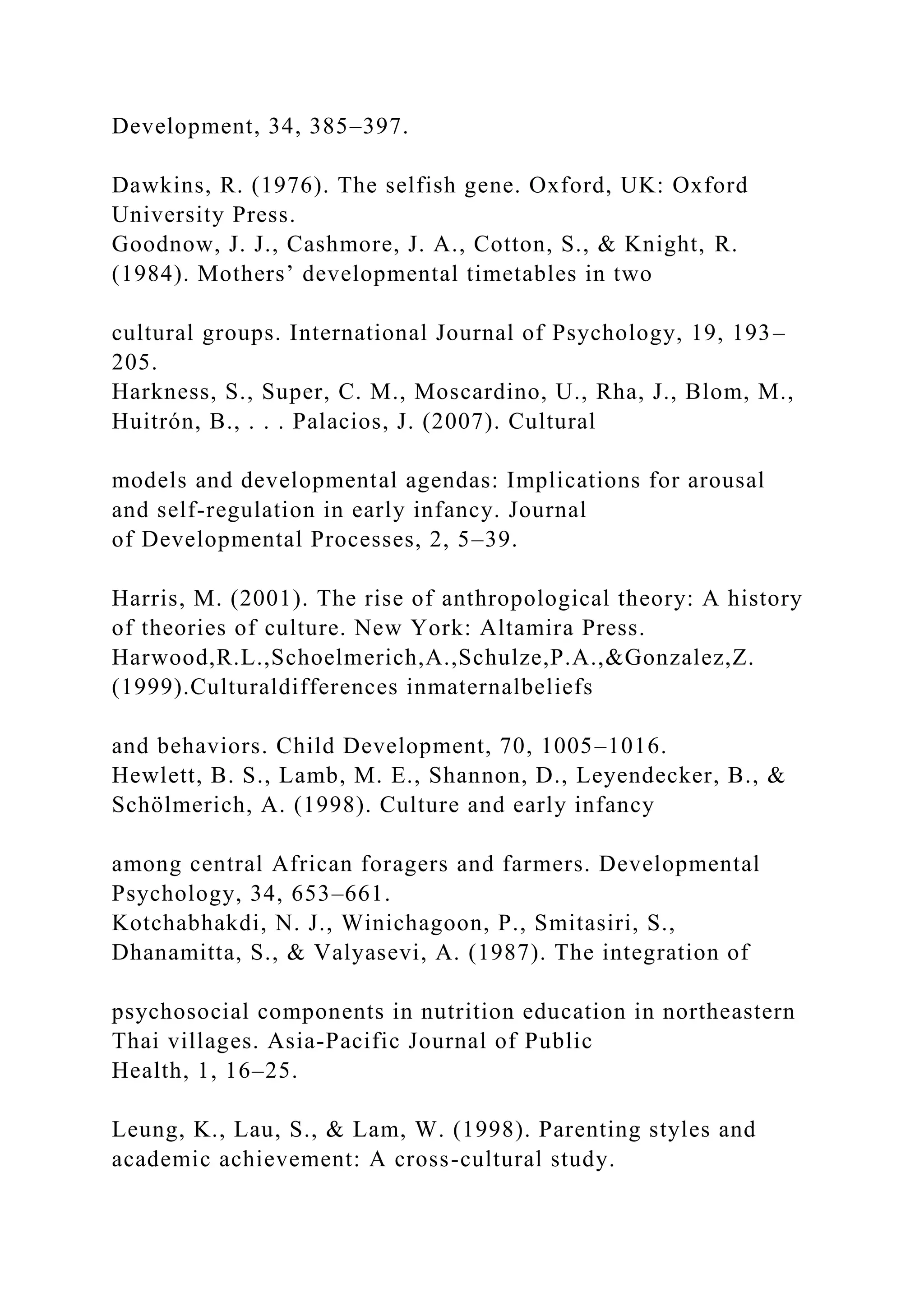 Development, 34, 385–397.
Dawkins, R. (1976). The selfish gene. Oxford, UK: Oxford
University Press.
Goodnow, J. J., Cashmore, J. A., Cotton, S., & Knight, R.
(1984). Mothers’ developmental timetables in two
cultural groups. International Journal of Psychology, 19, 193–
205.
Harkness, S., Super, C. M., Moscardino, U., Rha, J., Blom, M.,
Huitrón, B., . . . Palacios, J. (2007). Cultural
models and developmental agendas: Implications for arousal
and self-regulation in early infancy. Journal
of Developmental Processes, 2, 5–39.
Harris, M. (2001). The rise of anthropological theory: A history
of theories of culture. New York: Altamira Press.
Harwood,R.L.,Schoelmerich,A.,Schulze,P.A.,&Gonzalez,Z.
(1999).Culturaldifferences inmaternalbeliefs
and behaviors. Child Development, 70, 1005–1016.
Hewlett, B. S., Lamb, M. E., Shannon, D., Leyendecker, B., &
Schölmerich, A. (1998). Culture and early infancy
among central African foragers and farmers. Developmental
Psychology, 34, 653–661.
Kotchabhakdi, N. J., Winichagoon, P., Smitasiri, S.,
Dhanamitta, S., & Valyasevi, A. (1987). The integration of
psychosocial components in nutrition education in northeastern
Thai villages. Asia-Pacific Journal of Public
Health, 1, 16–25.
Leung, K., Lau, S., & Lam, W. (1998). Parenting styles and
academic achievement: A cross-cultural study.
 