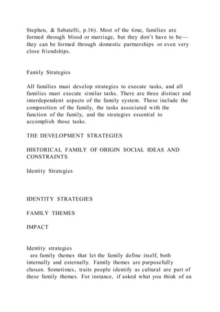 Stephen, & Sabatelli, p.16). Most of the time, families are
formed through blood or marriage, but they don’t have to be—
they can be formed through domestic partnerships or even very
close friendships.
Family Strategies
All families must develop strategies to execute tasks, and all
families must execute similar tasks. There are three distinct and
interdependent aspects of the family system. These include the
composition of the family, the tasks associated with the
function of the family, and the strategies essential to
accomplish those tasks.
THE DEVELOPMENT STRATEGIES
HISTORICAL FAMILY OF ORIGIN SOCIAL IDEAS AND
CONSTRAINTS
Identity Strategies
IDENTITY STRATEGIES
FAMILY THEMES
IMPACT
Identity strategies
are family themes that let the family define itself, both
internally and externally. Family themes are purposefully
chosen. Sometimes, traits people identify as cultural are part of
these family themes. For instance, if asked what you think of an
 