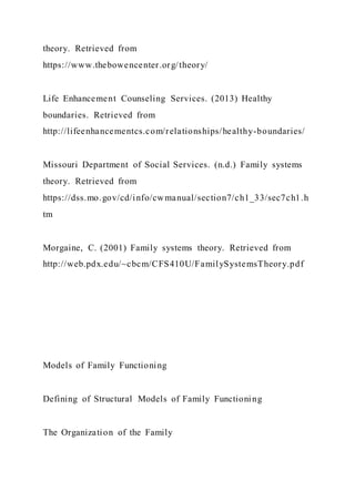 theory. Retrieved from
https://www.thebowencenter.org/theory/
Life Enhancement Counseling Services. (2013) Healthy
boundaries. Retrieved from
http://lifeenhancementcs.com/relationships/healthy-boundaries/
Missouri Department of Social Services. (n.d.) Family systems
theory. Retrieved from
https://dss.mo.gov/cd/info/cwmanual/section7/ch1_33/sec7ch1.h
tm
Morgaine, C. (2001) Family systems theory. Retrieved from
http://web.pdx.edu/~cbcm/CFS410U/FamilySystemsTheory.pdf
Models of Family Functioning
Defining of Structural Models of Family Functioning
The Organization of the Family
 