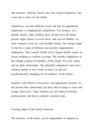 and structure. External factors may also require adaptation, like
a new job or move for the family.
Adaptations can take different forms and may be appropriate
adaptations or inappropriate adaptations. For instance, in a
healthy family, when children grow up and leave the home,
parents might choose to travel more, take up new hobbies, or
start volunteer work. In a less-healthy family, this change might
be met by a range of different and socially inappropriate
adaptations, like a mental health crisis, feigned health issues, or
excess drinking or reliance on drugs. The healthy adaptations to
this change prepare all members of the family for a new future
and an adult relationship. The unhealthy adaptations may leave
children unable to leave home or move on and are
psychologically damaging for all members of the family.
Families with effective hierarchies and appropriate structure in
the parent-child relationship are more able to adapt to stress and
change effectively. These families are less likely to become
dysfunctional and fail to complete essential tasks.
Creating Maps of the Family Structure
The structure of the family can be diagrammed or mapped to
 