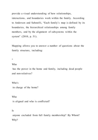 provide a visual understanding of how relationships,
interactions, and boundaries work within the family. According
to Anderson and Sabatelli, “Each family’s map is defined by its
boundaries, the hierarchical relationships among family
members, and by the alignment of subsystems within the
system” (2010, p. 51).
Mapping allows you to answer a number of questions about the
family structure, including:
"
Who
has the power in the home and family, including dead people
and non-relatives?
Who's
in charge of the home?
Who
is aligned and who is conflicted?
Is
anyone excluded from full family membership? By Whom?
Why?
 