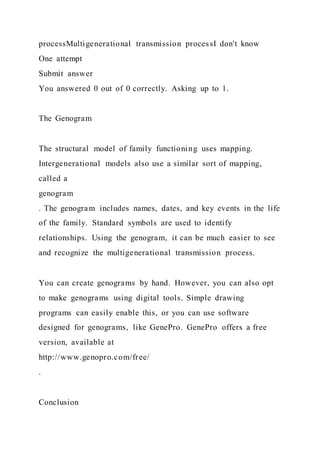 processMultigenerational transmission processI don't know
One attempt
Submit answer
You answered 0 out of 0 correctly. Asking up to 1.
The Genogram
The structural model of family functioning uses mapping.
Intergenerational models also use a similar sort of mapping,
called a
genogram
. The genogram includes names, dates, and key events in the life
of the family. Standard symbols are used to identify
relationships. Using the genogram, it can be much easier to see
and recognize the multigenerational transmission process.
You can create genograms by hand. However, you can also opt
to make genograms using digital tools. Simple drawing
programs can easily enable this, or you can use software
designed for genograms, like GenePro. GenePro offers a free
version, available at
http://www.genopro.com/free/
.
Conclusion
 
