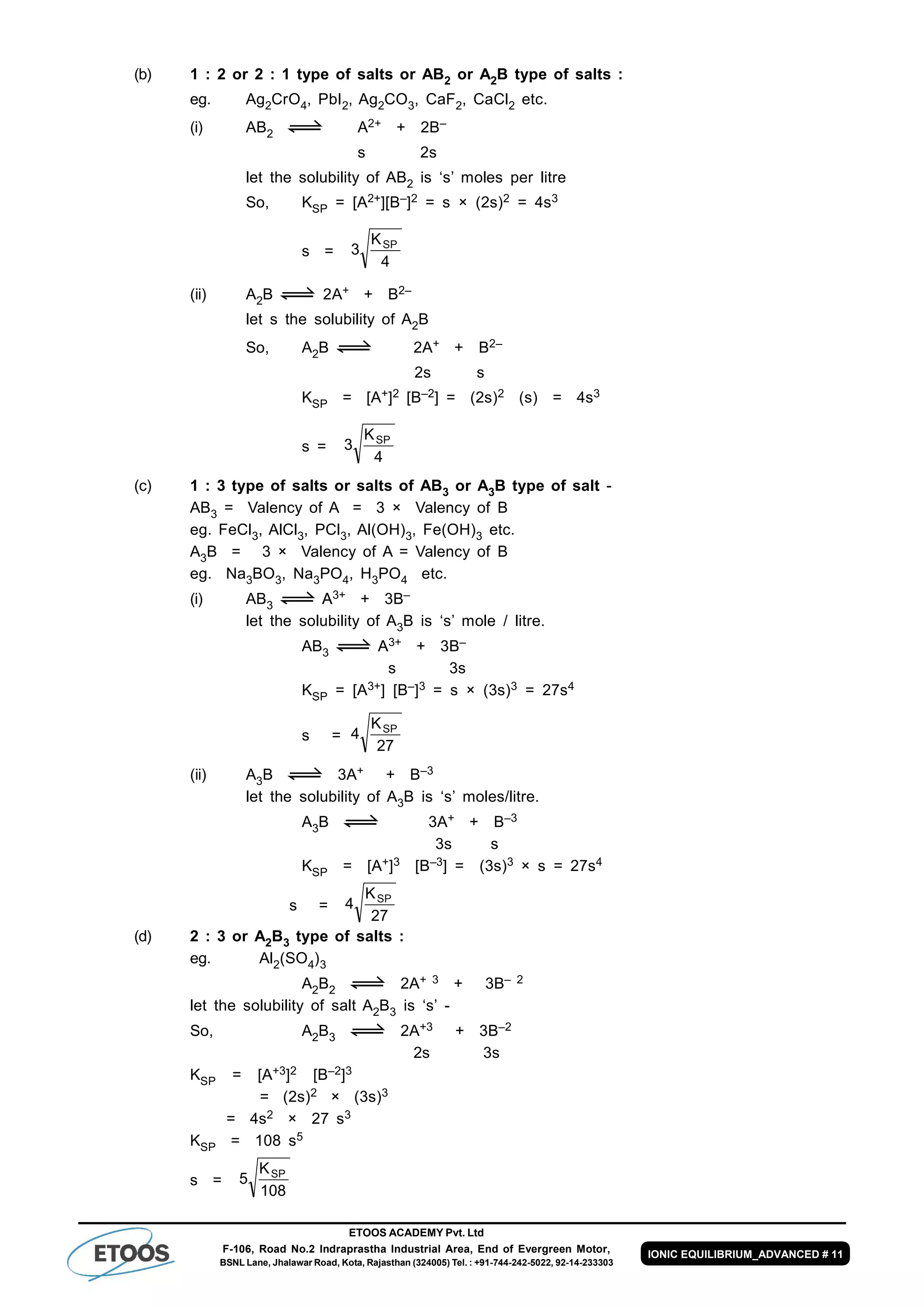ETOOS ACADEMY Pvt. Ltd
F-106, Road No.2 Indraprastha Industrial Area, End of Evergreen Motor,
BSNL Lane, Jhalawar Road, Kota, Rajasthan (324005) Tel. : +91-744-242-5022, 92-14-233303
IONIC EQUILIBRIUM_ADVANCED # 11
(b) 1 : 2 or 2 : 1 type of salts or AB2 or A2B type of salts :
eg. Ag2CrO4, PbI2, Ag2CO3, CaF2, CaCl2 etc.
(i) AB2 A2+ + 2B–
s 2s
let the solubility of AB2 is ‘s’ moles per litre
So, KSP = [A2+][B–]2 = s × (2s)2 = 4s3
s = 3
4
KSP
(ii) A2B 2A+ + B2–
let s the solubility of A2B
So, A2B 2A+ + B2–
2s s
KSP = [A+]2 [B–2] = (2s)2 (s) = 4s3
s = 3
4
KSP
(c) 1 : 3 type of salts or salts of AB3 or A3B type of salt -
AB3 = Valency of A = 3 × Valency of B
eg. FeCl3, AlCl3, PCl3, Al(OH)3, Fe(OH)3 etc.
A3B = 3 × Valency of A = Valency of B
eg. Na3BO3, Na3PO4, H3PO4 etc.
(i) AB3 AA3+ + 3B–
let the solubility of A3B is ‘s’ mole / litre.
AB3 AA3+ + 3B–
s 3s
KSP = [A3+] [B–]3 = s × (3s)3 = 27s4
s = 4
27
KSP
(ii) A3B 3A+ + B–3
let the solubility of A3B is ‘s’ moles/litre.
A3B 3A+ + B–3
3s s
KSP = [A+]3 [B–3] = (3s)3 × s = 27s4
s = 4
27
KSP
(d) 2 : 3 or A2B3 type of salts :
eg. Al2(SO4)3
A2B2 2A+ 3 + 3B– 2
let the solubility of salt A2B3 is ‘s’ -
So, A2B3 2A+3 + 3B–2
2s 3s
KSP = [A+3]2 [B–2]3
= (2s)2 × (3s)3
= 4s2 × 27 s3
KSP = 108 s5
s = 5
108
KSP
 