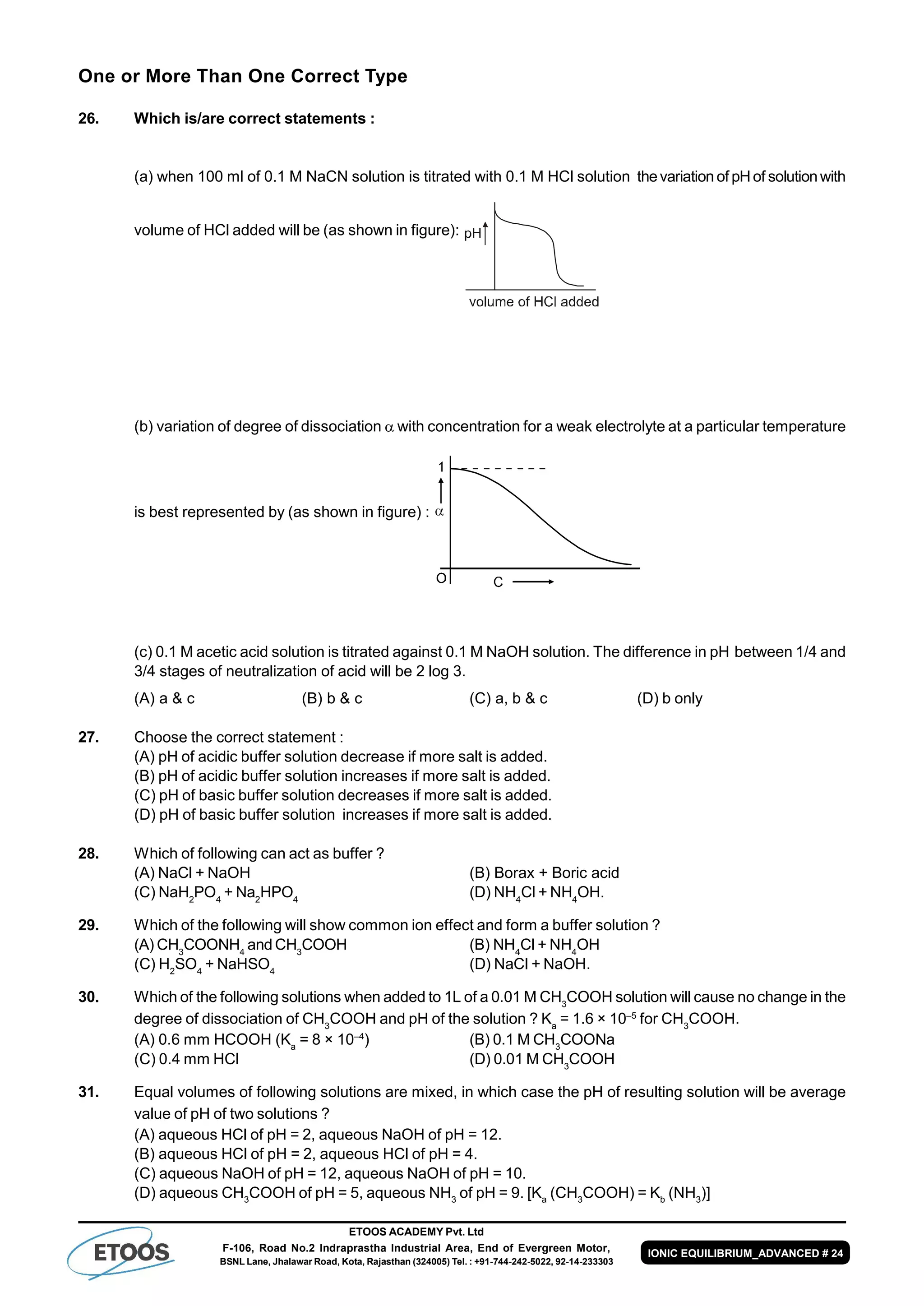 ETOOS ACADEMY Pvt. Ltd
F-106, Road No.2 Indraprastha Industrial Area, End of Evergreen Motor,
BSNL Lane, Jhalawar Road, Kota, Rajasthan (324005) Tel. : +91-744-242-5022, 92-14-233303
IONIC EQUILIBRIUM_ADVANCED # 24
One or More Than One Correct Type
26. Which is/are correct statements :
(a) when 100 ml of 0.1 M NaCN solution is titrated with 0.1 M HCl solution thevariation of pHof solutionwith
volume of HCl added will be (as shown in figure):
(b) variation of degree of dissociation  with concentration for a weak electrolyte at a particular temperature
is best represented by (as shown in figure) :
(c) 0.1 M acetic acid solution is titrated against 0.1 M NaOH solution. The difference in pH between 1/4 and
3/4 stages of neutralization of acid will be 2 log 3.
(A) a & c (B) b & c (C) a, b & c (D) b only
27. Choose the correct statement :
(A) pH of acidic buffer solution decrease if more salt is added.
(B) pH of acidic buffer solution increases if more salt is added.
(C) pH of basic buffer solution decreases if more salt is added.
(D) pH of basic buffer solution increases if more salt is added.
28. Which of following can act as buffer ?
(A) NaCl + NaOH (B) Borax + Boric acid
(C) NaH2
PO4
+ Na2
HPO4
(D) NH4
Cl + NH4
OH.
29. Which of the following will show common ion effect and form a buffer solution ?
(A) CH3
COONH4
and CH3
COOH (B) NH4
Cl + NH4
OH
(C) H2
SO4
+ NaHSO4
(D) NaCl + NaOH.
30. Which of the following solutions when added to 1L of a 0.01 M CH3
COOH solution will cause no change in the
degree of dissociation of CH3
COOH and pH of the solution ? Ka
= 1.6 × 10–5
for CH3
COOH.
(A) 0.6 mm HCOOH (Ka
= 8 × 10–4
) (B) 0.1 M CH3
COONa
(C) 0.4 mm HCl (D) 0.01 M CH3
COOH
31. Equal volumes of following solutions are mixed, in which case the pH of resulting solution will be average
value of pH of two solutions ?
(A) aqueous HCl of pH = 2, aqueous NaOH of pH = 12.
(B) aqueous HCl of pH = 2, aqueous HCl of pH = 4.
(C) aqueous NaOH of pH = 12, aqueous NaOH of pH = 10.
(D) aqueous CH3
COOH of pH = 5, aqueous NH3
of pH = 9. [Ka
(CH3
COOH) = Kb
(NH3
)]
 