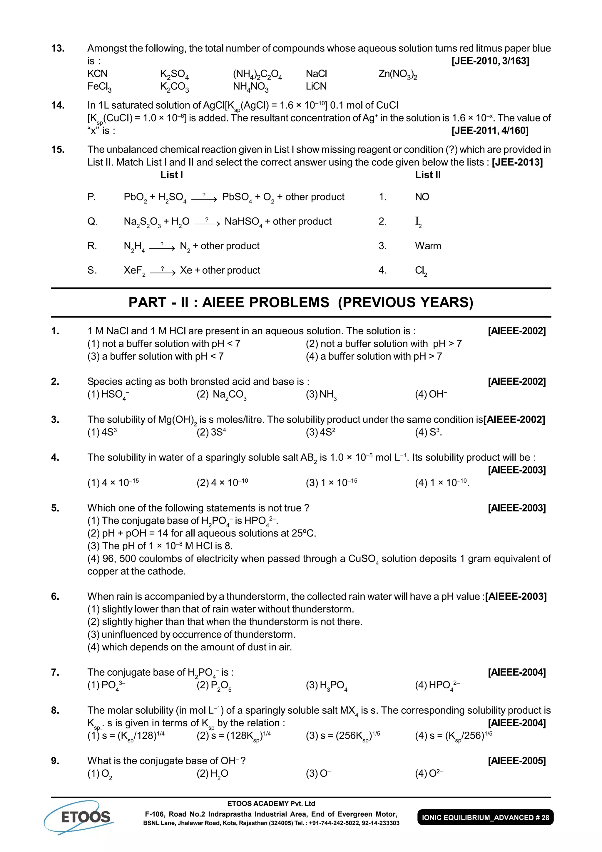ETOOS ACADEMY Pvt. Ltd
F-106, Road No.2 Indraprastha Industrial Area, End of Evergreen Motor,
BSNL Lane, Jhalawar Road, Kota, Rajasthan (324005) Tel. : +91-744-242-5022, 92-14-233303
IONIC EQUILIBRIUM_ADVANCED # 28
13. Amongst the following, the total number of compounds whose aqueous solution turns red litmus paper blue
is : [JEE-2010, 3/163]
KCN K2SO4 (NH4)2C2O4 NaCl Zn(NO3)2
FeCl3 K2CO3 NH4NO3 LiCN
14. In 1L saturated solution of AgCl[Ksp
(AgCl) = 1.6 × 10–10
] 0.1 mol of CuCl
[Ksp
(CuCI) = 1.0 × 10–6
] is added. The resultant concentration ofAg+
in the solution is 1.6 × 10–x
. The value of
“x” is : [JEE-2011, 4/160]
15. The unbalanced chemical reaction given in List I show missing reagent or condition (?) which are provided in
List II. Match List I and II and select the correct answer using the code given below the lists : [JEE-2013]
List I List II
P. PbO2
+ H2
SO4
?
 PbSO4
+ O2
+ other product 1. NO
Q. Na2
S2
O3
+ H2
O ?
 NaHSO4
+ other product 2. I2
R. N2
H4
?
 N2
+ other product 3. Warm
S. XeF2
?
 Xe + other product 4. Cl2
PART - II : AIEEE PROBLEMS (PREVIOUS YEARS)
1. 1 M NaCl and 1 M HCl are present in an aqueous solution. The solution is : [AIEEE-2002]
(1) not a buffer solution with pH < 7 (2) not a buffer solution with pH > 7
(3) a buffer solution with pH < 7 (4) a buffer solution with pH > 7
2. Species acting as both bronsted acid and base is : [AIEEE-2002]
(1) HSO4
–
(2) Na2
CO3
(3) NH3
(4) OH–
3. The solubility of Mg(OH)2
is s moles/litre. The solubility product under the same condition is[AIEEE-2002]
(1) 4S3
(2) 3S4
(3) 4S2
(4) S3
.
4. The solubility in water of a sparingly soluble salt AB2
is 1.0 × 10–5
mol L–1
. Its solubility product will be :
[AIEEE-2003]
(1) 4 × 10–15
(2) 4 × 10–10
(3) 1 × 10–15
(4) 1 × 10–10
.
5. Which one of the following statements is not true ? [AIEEE-2003]
(1) The conjugate base of H2
PO4
–
is HPO4
2–
.
(2) pH + pOH = 14 for all aqueous solutions at 25ºC.
(3) The pH of 1 × 10–8
M HCl is 8.
(4) 96, 500 coulombs of electricity when passed through a CuSO4
solution deposits 1 gram equivalent of
copper at the cathode.
6. When rain is accompanied by a thunderstorm, the collected rain water will have a pH value :[AIEEE-2003]
(1) slightly lower than that of rain water without thunderstorm.
(2) slightly higher than that when the thunderstorm is not there.
(3) uninfluenced by occurrence of thunderstorm.
(4) which depends on the amount of dust in air.
7. The conjugate base of H2
PO4
–
is : [AIEEE-2004]
(1) PO4
3–
(2) P2
O5
(3) H3
PO4
(4) HPO4
2–
8. The molar solubility (in mol L–1
) of a sparingly soluble salt MX4
is s. The corresponding solubility product is
Ksp.
. s is given in terms of Ksp
by the relation : [AIEEE-2004]
(1) s = (Ksp
/128)1/4
(2) s = (128Ksp
)1/4
(3) s = (256Ksp
)1/5
(4) s = (Ksp
/256)1/5
9. What is the conjugate base of OH–
? [AIEEE-2005]
(1) O2
(2) H2
O (3) O–
(4) O2–
 