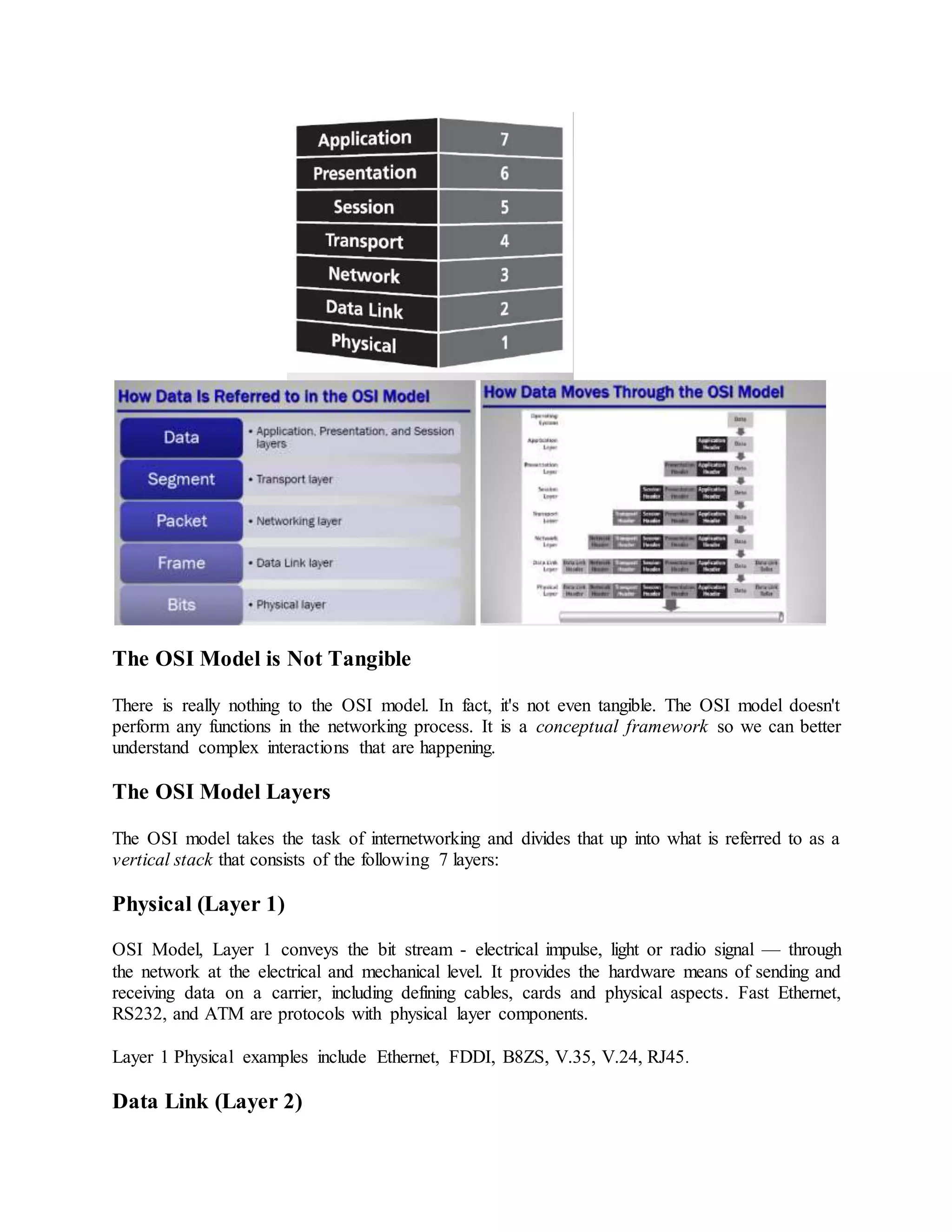 The OSI Model is Not Tangible
There is really nothing to the OSI model. In fact, it's not even tangible. The OSI model doesn't
perform any functions in the networking process. It is a conceptual framework so we can better
understand complex interactions that are happening.
The OSI Model Layers
The OSI model takes the task of internetworking and divides that up into what is referred to as a
vertical stack that consists of the following 7 layers:
Physical (Layer 1)
OSI Model, Layer 1 conveys the bit stream - electrical impulse, light or radio signal — through
the network at the electrical and mechanical level. It provides the hardware means of sending and
receiving data on a carrier, including defining cables, cards and physical aspects. Fast Ethernet,
RS232, and ATM are protocols with physical layer components.
Layer 1 Physical examples include Ethernet, FDDI, B8ZS, V.35, V.24, RJ45.
Data Link (Layer 2)
 