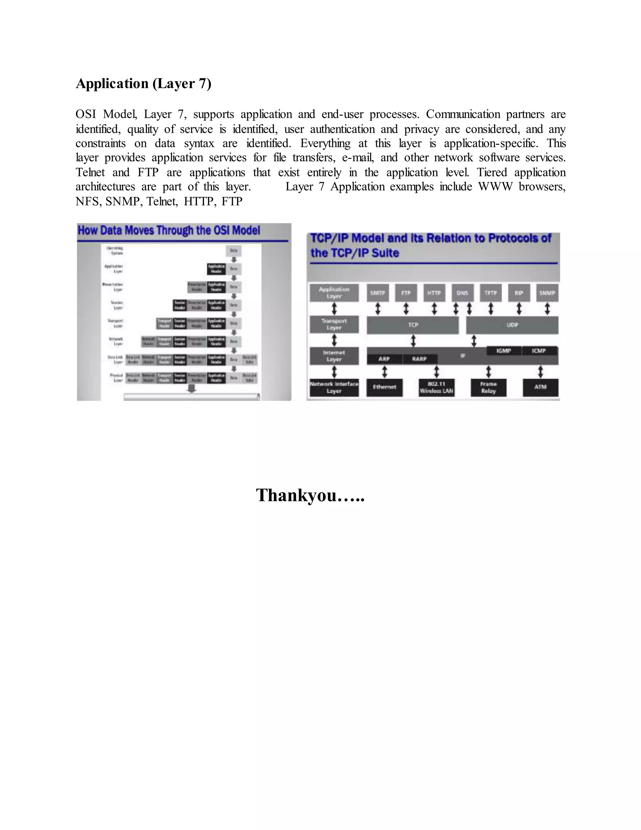 Application (Layer 7)
OSI Model, Layer 7, supports application and end-user processes. Communication partners are
identified, quality of service is identified, user authentication and privacy are considered, and any
constraints on data syntax are identified. Everything at this layer is application-specific. This
layer provides application services for file transfers, e-mail, and other network software services.
Telnet and FTP are applications that exist entirely in the application level. Tiered application
architectures are part of this layer. Layer 7 Application examples include WWW browsers,
NFS, SNMP, Telnet, HTTP, FTP
Thankyou…..
 