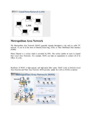 .
Metropolitan Area Network
The Metropolitan Area Network (MAN) generally expands throughout a city such as cable TV
network. It can be in the form of Ethernet,Token-ring, ATM, or Fiber Distributed Data Interface
(FDDI).
Metro Ethernet is a service which is provided by ISPs. This service enables its users to expand
their Local Area Networks. For example, MAN can help an organization to connect all of its
offices in a city.
Backbone of MAN is high-capacity and high-speed fiber optics. MAN works in between Local
Area Network and Wide Area Network. MAN provides uplink for LANs to WANs or internet
.
 