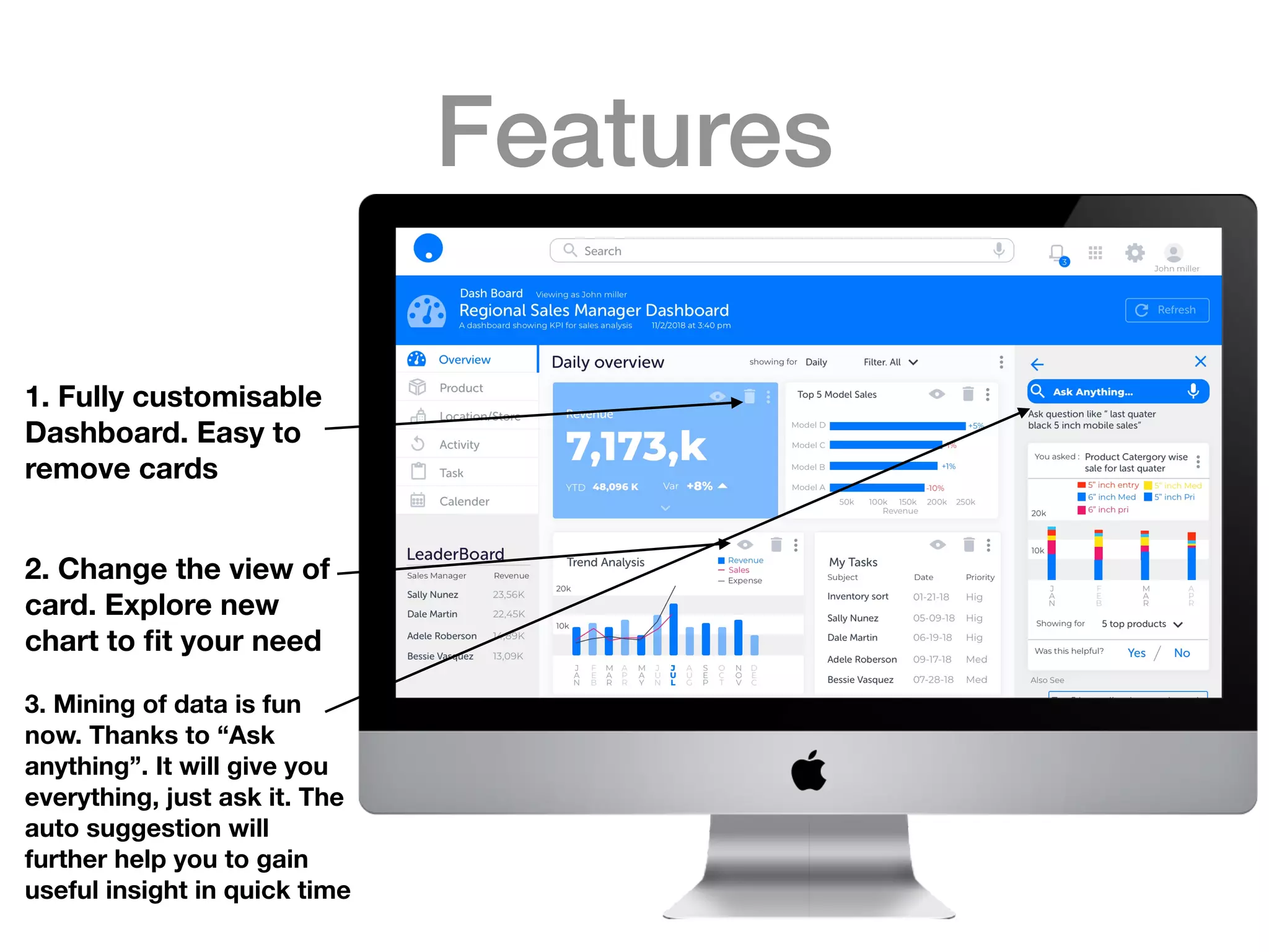 Features
1. Fully customisable
Dashboard. Easy to
remove cards
2. Change the view of
card. Explore new
chart to ﬁt your need
3. Mining of data is fun
now. Thanks to “Ask
anything”. It will give you
everything, just ask it. The
auto suggestion will
further help you to gain
useful insight in quick time
 