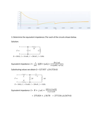 3. Determine the equivalent impedance Z for each of the circuits shown below.
Solution:
Equivalent impedance Z =
jωC
|| R + jωL =
+ ��
+ � �−� ��
Substituting values we obtain Z = . ∠ . Ω
Equivalent impedance Z = � + �� +
+ ��
+ ��
= . + . = . ∠ . Ω
 