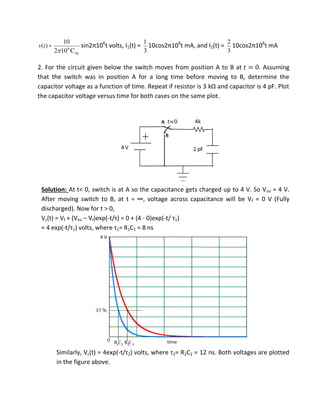 )(tv =
eq
6
C102
10

sin π 6
t volts, I1(t) =
3
1
os π 6
t mA, and I2(t) =
3
2
os π 6
t mA
2. For the circuit given below the switch moves from position A to B at = . Assuming
that the switch was in position A for a long time before moving to B, determine the
apa ito oltage as a fu tio of ti e. ‘epeat if esisto is kΩ a d apa ito is pF. Plot
the capacitor voltage versus time for both cases on the same plot.
Solution: At t< 0, switch is at A so the capacitance gets charged up to 4 V. So Vini = 4 V.
Afte o i g s it h to B, at t = ∞, oltage a oss apa ita e ill e Vf = 0 V (Fully
discharged). Now for t > 0,
Vc(t) = Vf + (Vini – Vf)exp(-t/τ = 0 + (4 - 0)exp(-t/ τ1)
= 4 exp(-t/τ1 olts, he e τ1= R1C1 = 8 ns
Similarly, Vc(t) = 4exp(-t/τ2 olts, he e τ2= R2C2 = 12 ns. Both voltages are plotted
in the figure above.
 
