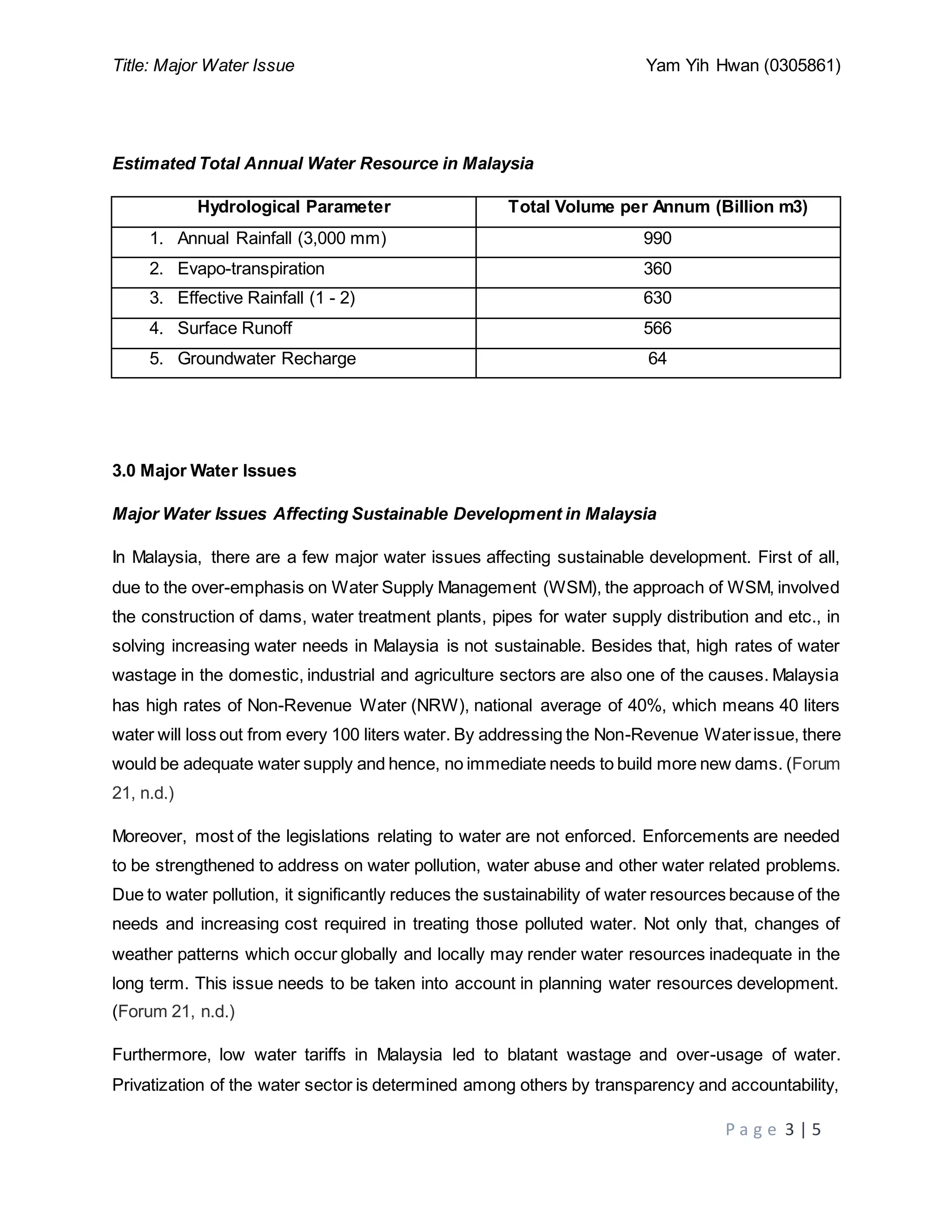Title: Major Water Issue Yam Yih Hwan (0305861)
P a g e 3 | 5
Estimated Total Annual Water Resource in Malaysia
Hydrological Parameter Total Volume per Annum (Billion m3)
1. Annual Rainfall (3,000 mm) 990
2. Evapo-transpiration 360
3. Effective Rainfall (1 - 2) 630
4. Surface Runoff 566
5. Groundwater Recharge 64
3.0 Major Water Issues
Major Water Issues Affecting Sustainable Development in Malaysia
In Malaysia, there are a few major water issues affecting sustainable development. First of all,
due to the over-emphasis on Water Supply Management (WSM), the approach of WSM, involved
the construction of dams, water treatment plants, pipes for water supply distribution and etc., in
solving increasing water needs in Malaysia is not sustainable. Besides that, high rates of water
wastage in the domestic, industrial and agriculture sectors are also one of the causes. Malaysia
has high rates of Non-Revenue Water (NRW), national average of 40%, which means 40 liters
water will loss out from every 100 liters water. By addressing the Non-Revenue Waterissue, there
would be adequate water supply and hence, no immediate needs to build more new dams. (Forum
21, n.d.)
Moreover, most of the legislations relating to water are not enforced. Enforcements are needed
to be strengthened to address on water pollution, water abuse and other water related problems.
Due to water pollution, it significantly reduces the sustainability of water resources because of the
needs and increasing cost required in treating those polluted water. Not only that, changes of
weather patterns which occur globally and locally may render water resources inadequate in the
long term. This issue needs to be taken into account in planning water resources development.
(Forum 21, n.d.)
Furthermore, low water tariffs in Malaysia led to blatant wastage and over-usage of water.
Privatization of the water sector is determined among others by transparency and accountability,
 