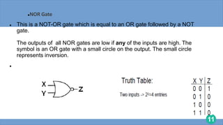 11
NOR Gate
 This is a NOT-OR gate which is equal to an OR gate followed by a NOT
gate.
The outputs of all NOR gates are low if any of the inputs are high. The
symbol is an OR gate with a small circle on the output. The small circle
represents inversion.

 