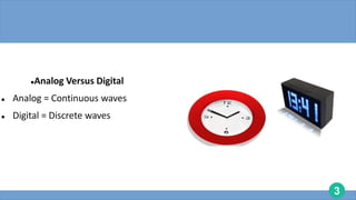 3
Analog Versus Digital
 Analog = Continuous waves
 Digital = Discrete waves
 
