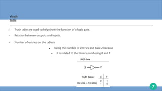 7
Truth
Table
 Truth table are used to help show the function of a logic gate.
 Relation between outputs and inputs.
 Number of entries on the table is
 being the number of entries and base 2 because
 it is related to the binary numbering 0 and 1.

 