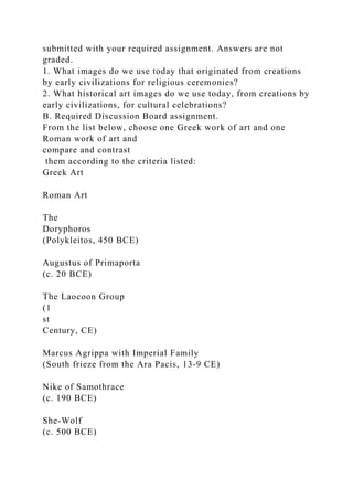 submitted with your required assignment. Answers are not
graded.
1. What images do we use today that originated from creations
by early civilizations for religious ceremonies?
2. What historical art images do we use today, from creations by
early civilizations, for cultural celebrations?
B. Required Discussion Board assignment.
From the list below, choose one Greek work of art and one
Roman work of art and
compare and contrast
them according to the criteria listed:
Greek Art
Roman Art
The
Doryphoros
(Polykleitos, 450 BCE)
Augustus of Primaporta
(c. 20 BCE)
The Laocoon Group
(1
st
Century, CE)
Marcus Agrippa with Imperial Family
(South frieze from the Ara Pacis, 13-9 CE)
Nike of Samothrace
(c. 190 BCE)
She-Wolf
(c. 500 BCE)
 