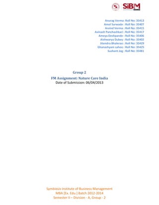 Symbiosis Institute of Business Management
MBA [Ex. Edu.] Batch 2012-2014
Semester II – Division - A, Group - 2
Anurag Verma: Roll No: 35413
Amol Surwade : Roll No: 35407
Arvind Verma : Roll No: 35415
Avinash Panchashkari : Roll No: 35417
Ameya Deshpande : Roll No: 35406
Aishwarya Dubey : Roll No: 35402
Jitendra Bhalerao : Roll No: 35429
Ghanashyam sahoo : Roll No: 35425
Sushant Jog : Roll No: 35481
Group 2
FM Assignment: Nature Care India
Date of Submission: 06/04/2013
 