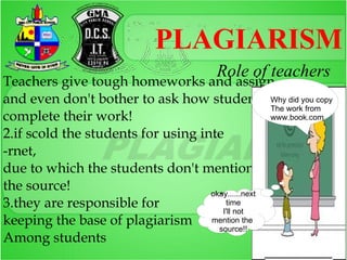 PLAGIARISM
                                          Role of teachers
Teachers give tough homeworks and assign
     :
and even don't bother to ask how students Why did you copy
                                                    The work from
complete their work!                                www.book.com

2.if scold the students for using inte
-rnet,
due to which the students don't mention
the source!                         okay......next
                                    okay...next
3.they are responsible for          time time
                                           I'll not
                                        I'll not
                                    mention the
keeping the base of plagiarism source!!!!the
                                    mention
                                       source!!
Among students
 