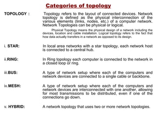Categories of topology TOPOLOGY   :   Topology refers to the layout of connected devices. Network topology is defined as the physical interconnection of the various elements (links, nodes, etc.) of a computer network. Network Topologies can be physical or logical. Physical Topology means the physical design of a network including the devices, location and cable installation. Logical topology refers to the fact that how data actually transfers in a network as opposed to its design.   i.  STAR: In local area networks with a star topology, each network host is connected to a central hub.    ii. RING: In Ring topology each computer is connected to the network in a closed loop or ring.  iii. BUS: A type of network setup where each of the computers and network devices are connected to a single cable or backbone.  iv. MESH: A type of network setup where each of the computers and network devices are interconnected with one another, allowing for most transmissions to be distributed, even if one of the connections go down. v.  HYBRID: A network topology that uses two or more network topologies.  