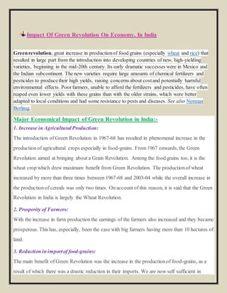 Impact Of Green Revolution On Economy, In India | DOCX