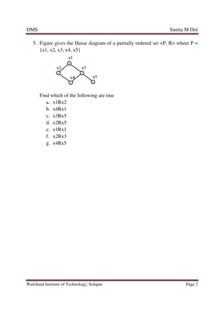 DMS
Walchand Institute of Technology, Solapur
5. Figure gives the Hasse diagram of a partially ordered set <P, R> where P =
{x1, x2, x3, x4, x5}
Find which of the following are true
a. x1Rx2
b. x4Rx1
c. x3Rx5
d. x2Rx5
e. x1Rx1
f. x2Rx3
g. x4Rx5
Walchand Institute of Technology, Solapur
Hasse diagram of a partially ordered set <P, R> where P =
{x1, x2, x3, x4, x5}
Find which of the following are true
Sunita M Dol
Page 2
Hasse diagram of a partially ordered set <P, R> where P =
 