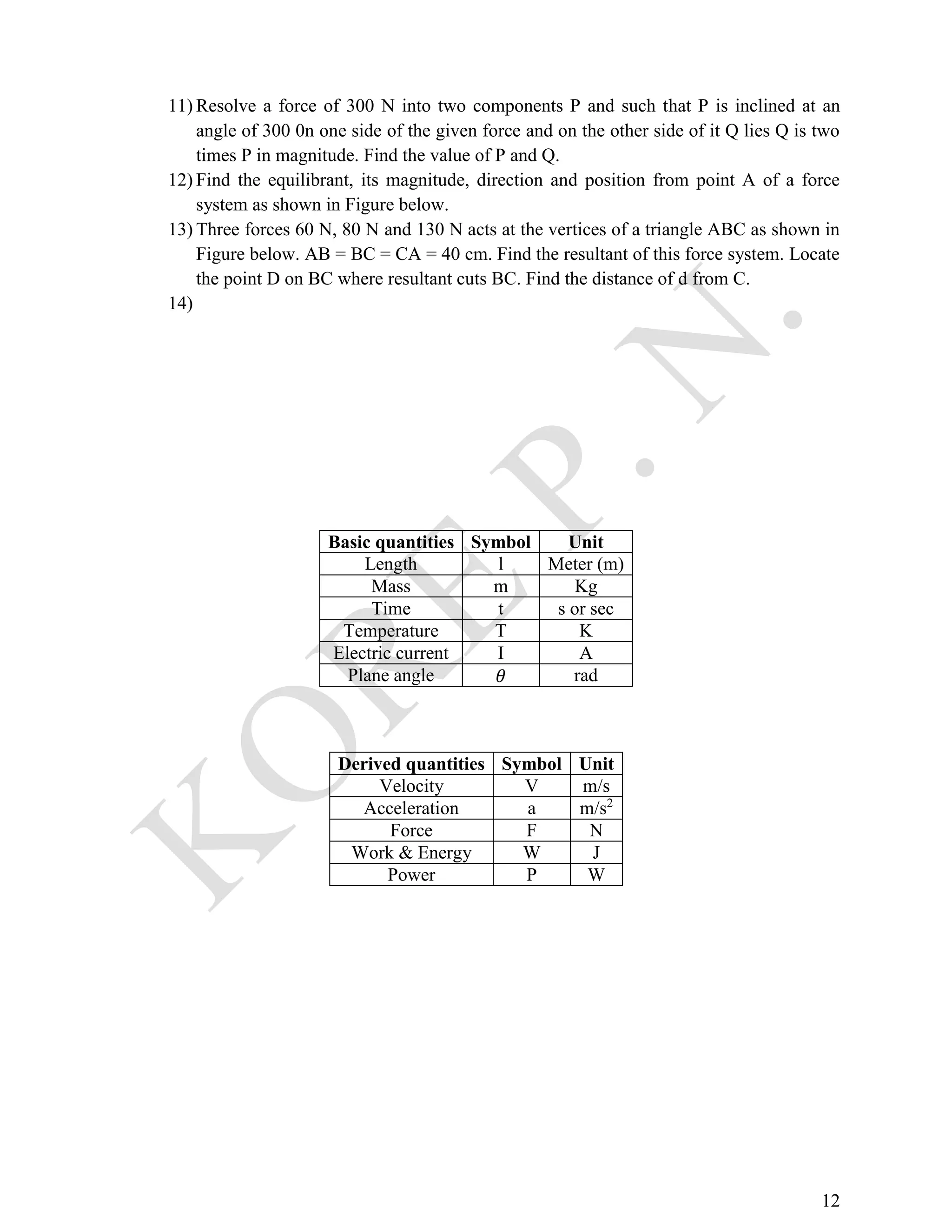 12
11) Resolve a force of 300 N into two components P and such that P is inclined at an
angle of 300 0n one side of the given force and on the other side of it Q lies Q is two
times P in magnitude. Find the value of P and Q.
12) Find the equilibrant, its magnitude, direction and position from point A of a force
system as shown in Figure below.
13) Three forces 60 N, 80 N and 130 N acts at the vertices of a triangle ABC as shown in
Figure below. AB = BC = CA = 40 cm. Find the resultant of this force system. Locate
the point D on BC where resultant cuts BC. Find the distance of d from C.
14)
Basic quantities Symbol Unit
Length l Meter (m)
Mass m Kg
Time t s or sec
Temperature T K
Electric current I A
Plane angle 𝜃 rad
Derived quantities Symbol Unit
Velocity V m/s
Acceleration a m/s2
Force F N
Work & Energy W J
Power P W
 