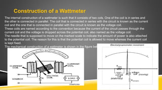 Construction of a Wattmeter
The internal construction of a wattmeter is such that it consists of two cols. One of the coil is in series and
the other is connected in parallel. The coil that is connected in series with the circuit is known as the current
coil and the one that is connected in parallel with the circuit is known as the voltage coil.
These coils are named according to the convention because the current of the circuit passes through the
current coil and the voltage is dropped across the potential coil, also named as the voltage coil.
The needle that is supposed to move on the marked scale to indicate the amount of power is also attached
to the potential coil. The reason for this is that the potential coil is allowed to move whereas the current coil
is kept fixed.
The mechanical construction of a wattmeter is shown in the figure below.
 