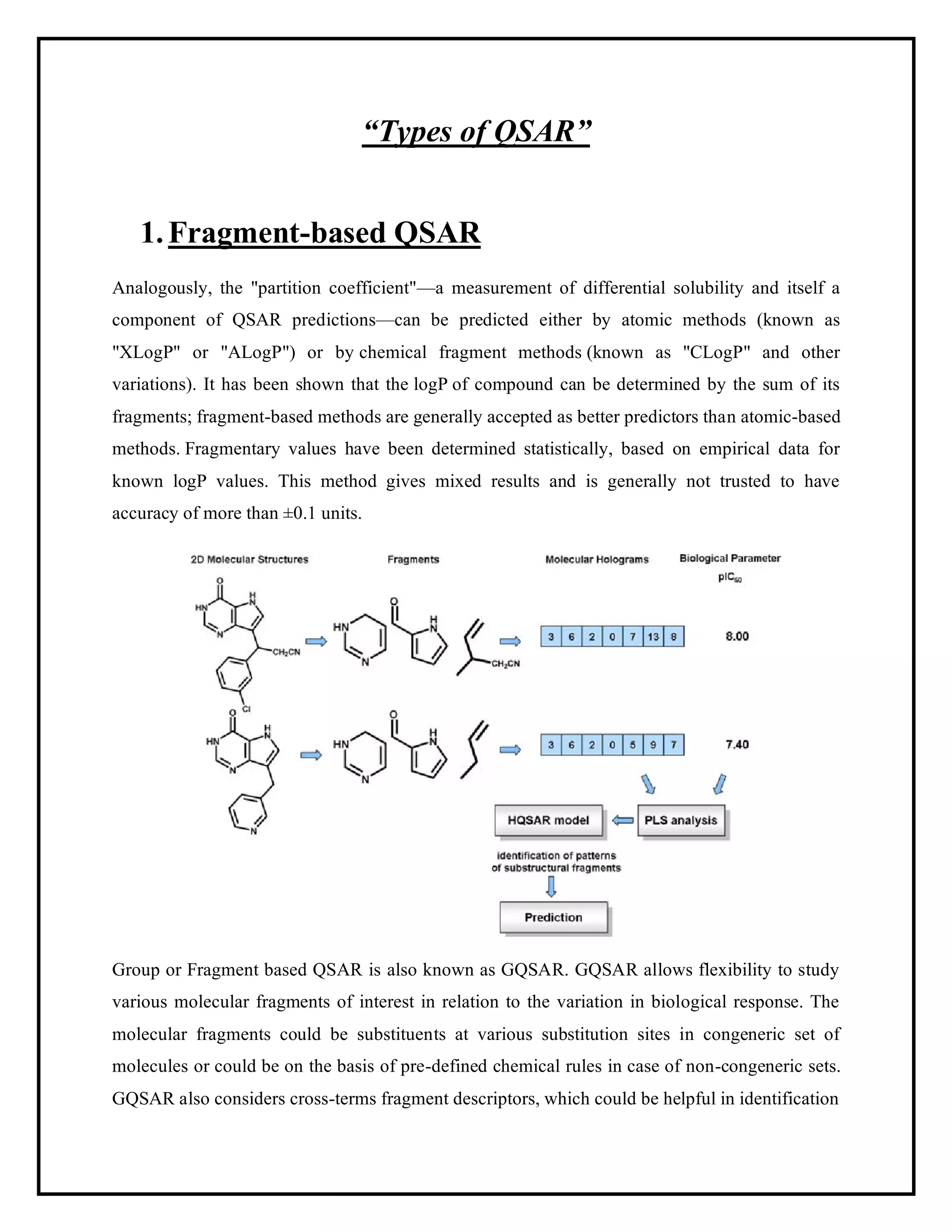 “Types of QSAR”
1.Fragment-based QSAR
Analogously, the "partition coefficient"—a measurement of differential solubility and itself a
component of QSAR predictions—can be predicted either by atomic methods (known as
"XLogP" or "ALogP") or by chemical fragment methods (known as "CLogP" and other
variations). It has been shown that the logP of compound can be determined by the sum of its
fragments; fragment-based methods are generally accepted as better predictors than atomic-based
methods. Fragmentary values have been determined statistically, based on empirical data for
known logP values. This method gives mixed results and is generally not trusted to have
accuracy of more than ±0.1 units.
Group or Fragment based QSAR is also known as GQSAR. GQSAR allows flexibility to study
various molecular fragments of interest in relation to the variation in biological response. The
molecular fragments could be substituents at various substitution sites in congeneric set of
molecules or could be on the basis of pre-defined chemical rules in case of non-congeneric sets.
GQSAR also considers cross-terms fragment descriptors, which could be helpful in identification
 