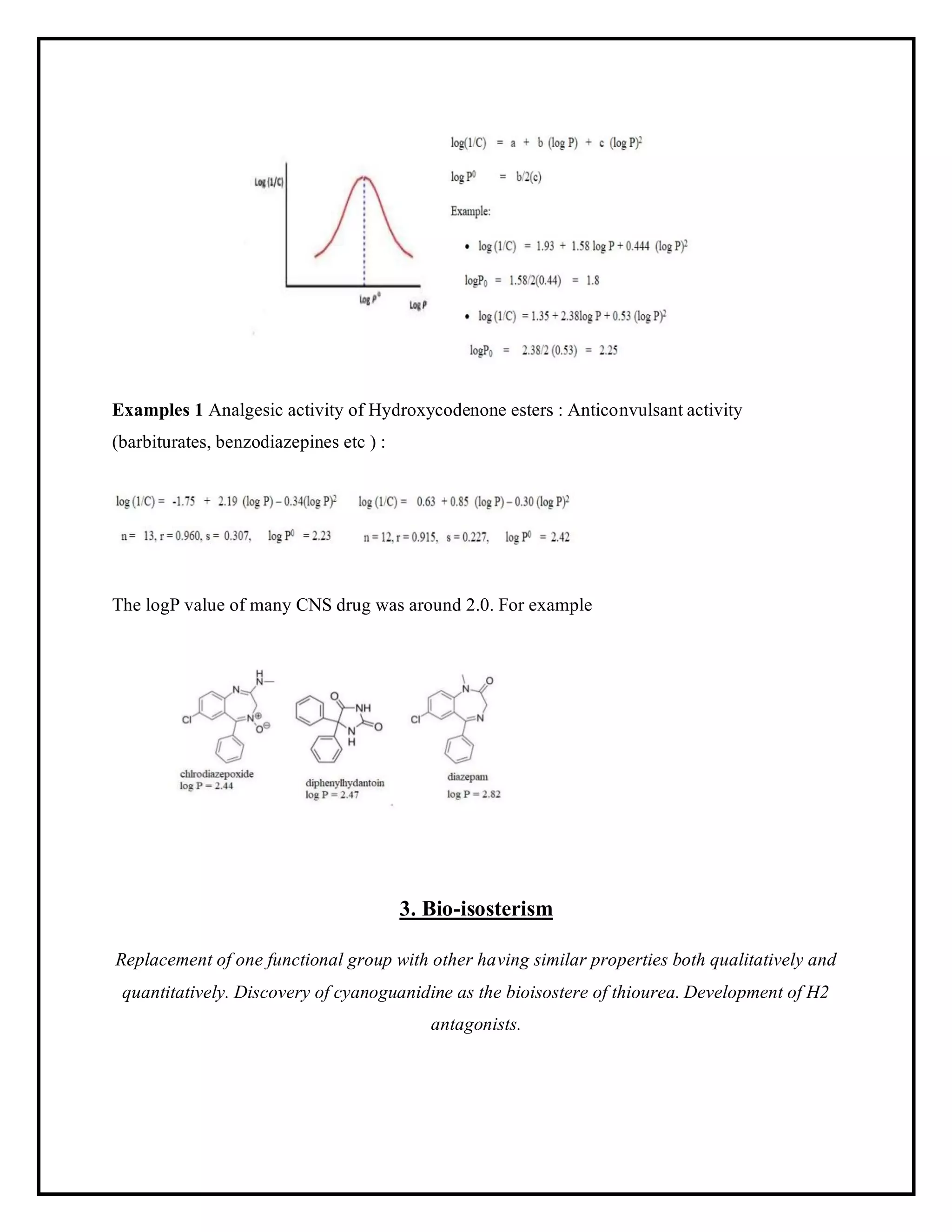 Examples 1 Analgesic activity of Hydroxycodenone esters : Anticonvulsant activity
(barbiturates, benzodiazepines etc ) :
The logP value of many CNS drug was around 2.0. For example
3. Bio-isosterism
Replacement of one functional group with other having similar properties both qualitatively and
quantitatively. Discovery of cyanoguanidine as the bioisostere of thiourea. Development of H2
antagonists.
 