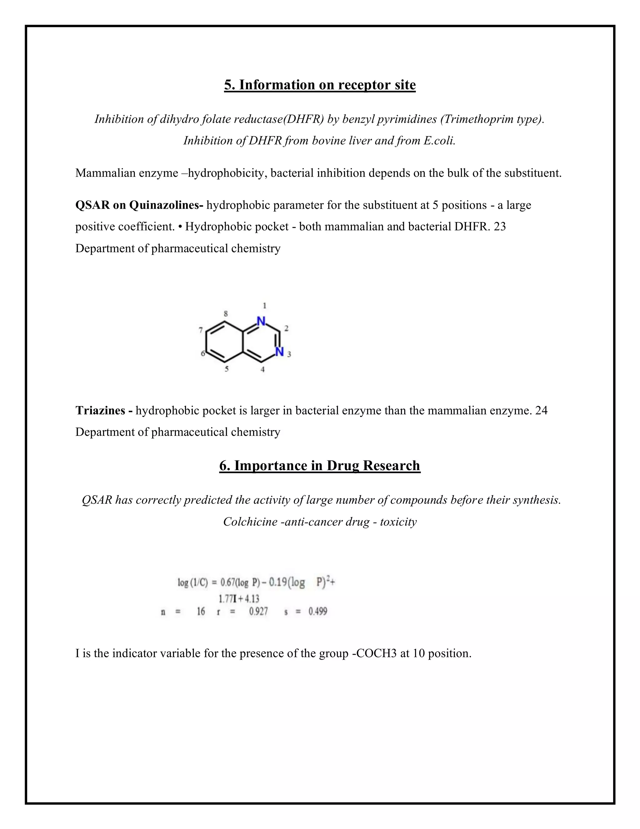 5. Information on receptor site
Inhibition of dihydro folate reductase(DHFR) by benzyl pyrimidines (Trimethoprim type).
Inhibition of DHFR from bovine liver and from E.coli.
Mammalian enzyme –hydrophobicity, bacterial inhibition depends on the bulk of the substituent.
QSAR on Quinazolines- hydrophobic parameter for the substituent at 5 positions - a large
positive coefficient. • Hydrophobic pocket - both mammalian and bacterial DHFR. 23
Department of pharmaceutical chemistry
Triazines - hydrophobic pocket is larger in bacterial enzyme than the mammalian enzyme. 24
Department of pharmaceutical chemistry
6. Importance in Drug Research
QSAR has correctly predicted the activity of large number of compounds before their synthesis.
Colchicine -anti-cancer drug - toxicity
I is the indicator variable for the presence of the group -COCH3 at 10 position.
 
