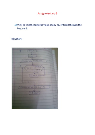 Assignment no 5


  1) WAP to find the factorial value of any no. entered through the
     keyboard.



flowchart:
 