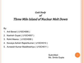 Cash Study
of
Three Mile Island of Nuclear Melt Down
By:
1. Anil Berad ( U10CH006 )
2. Kashish Gupat ( U10CH007 )
3. Rohit Meena ( U10CH008 )
4. Kavaiya Ashish Rajeshkumar ( U10CH010 )
5. Avneesh Kumar Maddheshiya ( U10CH011 )
Submitted :
Mrs. Smita Gupta
1Chemical Engineering Department,
Sardar Vallabhbhai National Institute of Technology,
Surat-395007
 