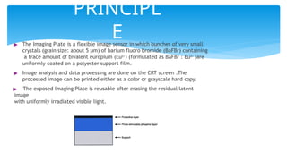 PRINCIPL
E
▶ The Imaging Plate is a flexible image sensor in which bunches of very small
crystals (grain size: about 5 µm) of barium fluoro bromide (BaFBr) containing
a trace amount of bivalent europium (Eu2+) (formulated as BaFBr : Eu2+ )are
uniformly coated on a polyester support film.
▶ Image analysis and data processing are done on the CRT screen .The
processed image can be printed either as a color or grayscale hard copy.
▶ The exposed Imaging Plate is reusable after erasing the residual latent
image
with uniformly irradiated visible light.
 