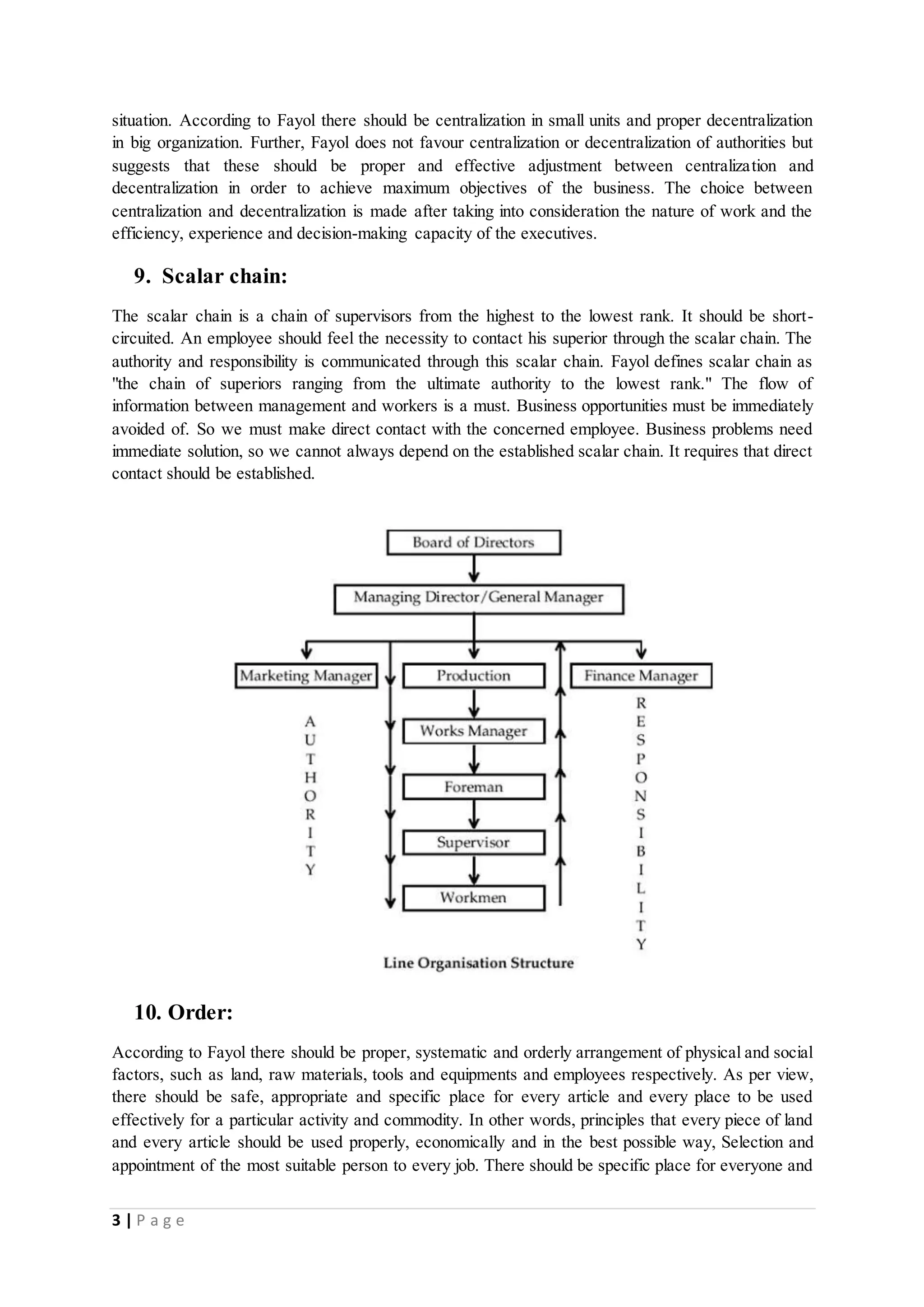 situation. According to Fayol there should be centralization in small units and proper decentralization 
in big organization. Further, Fayol does not favour centralization or decentralization of authorities but 
suggests that these should be proper and effective adjustment between centralization and 
decentralization in order to achieve maximum objectives of the business. The choice between 
centralization and decentralization is made after taking into consideration the nature of work and the 
efficiency, experience and decision-making capacity of the executives. 
9. Scalar chain: 
The scalar chain is a chain of supervisors from the highest to the lowest rank. It should be short-circuited. 
An employee should feel the necessity to contact his superior through the scalar chain. The 
authority and responsibility is communicated through this scalar chain. Fayol defines scalar chain as 
"the chain of superiors ranging from the ultimate authority to the lowest rank." The flow of 
information between management and workers is a must. Business opportunities must be immediately 
avoided of. So we must make direct contact with the concerned employee. Business problems need 
immediate solution, so we cannot always depend on the established scalar chain. It requires that direct 
contact should be established. 
10. Order: 
According to Fayol there should be proper, systematic and orderly arrangement of physical and social 
factors, such as land, raw materials, tools and equipments and employees respectively. As per view, 
there should be safe, appropriate and specific place for every article and every place to be used 
effectively for a particular activity and commodity. In other words, principles that every piece of land 
and every article should be used properly, economically and in the best possible way, Selection and 
appointment of the most suitable person to every job. There should be specific place for everyone and 
3 | P a g e 
 