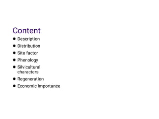 Content







Description
Distribution
Site factor
Phenology
Silvicultural
characters
Regeneration
Economic Importance
 