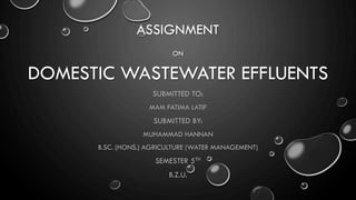 ASSIGNMENT
ON
DOMESTIC WASTEWATER EFFLUENTS
SUBMITTED TO:
MAM FATIMA LATIF
SUBMITTED BY:
MUHAMMAD HANNAN
B.SC. (HONS.) AGRICULTURE (WATER MANAGEMENT)
SEMESTER 5TH
B.Z.U.
 