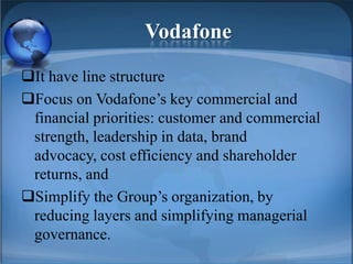 Vodafone
It have line structure
Focus on Vodafone’s key commercial and
financial priorities: customer and commercial
strength, leadership in data, brand
advocacy, cost efficiency and shareholder
returns, and
Simplify the Group’s organization, by
reducing layers and simplifying managerial
governance.
 
