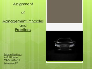 Assignment
of

Management Principles
and
Practices

Submmited by:Asiful Haque
MBA/15056/13

Semester:1st

 