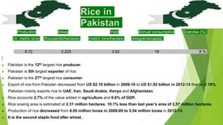 Rice in
Pakistan
Production Areas Yield Annual consumption calories (%)
(m: metric tons) (thousands/hectares) (metric tons/hectare) (kilograms/capita)
6.72 2,225 3.02 18 8 %
 Pakistan is the 12th largest rice producer.
 Pakistan is 5th largest exporter of rice.
 Pakistan is the 27th largest rice consumer.
 Export of rice from Pakistan decreased from US $2.18 billion in 2009-10 to US $1.92 billion in 2012-13 that is of 19%.
Pakistan mainly exports rice to UAE, Iran, Saudi Arabia, Kenya and Afghanistan.
 Rice accounts 2.7% of the value added in agriculture and 0.6% of GDP.
 Rice sowing area is estimated at 2.31 million hectares, 10.1% less than last year’s area of 2.57 million hectares.
 Production of rice decreased from 6.95 million tones in 2008-09 to 5.54 million tones in 2012-13.
 It is the second staple food after wheat.
 