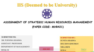 TREY
research
IIS (Deemed to be University)
ASSIGNMENT OF STRATEGIC HUMAN RESOURCES MANAGEMENT
(PAPER CODE: MHR421)
SUBMITTED TO:
DR. PURNIMA SHARMA
ASSISTANT PROFESSOR
DEPARTMENT OF MANAGEMENT-
HRM& IB
SUBMITTED BY:-
SUNITA SHARMA
IISU/2019/ADM/30615
MBA-HRM
SEM-4
2020-2021
1
 